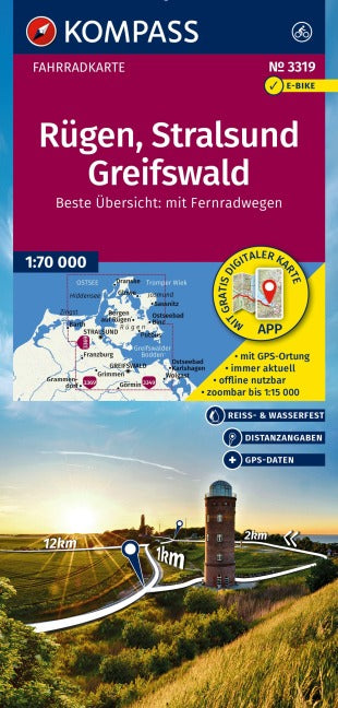 3319 Rügen, Stralsund, Greifswald 1:70.000 - KOMPASS Fahrradkarte