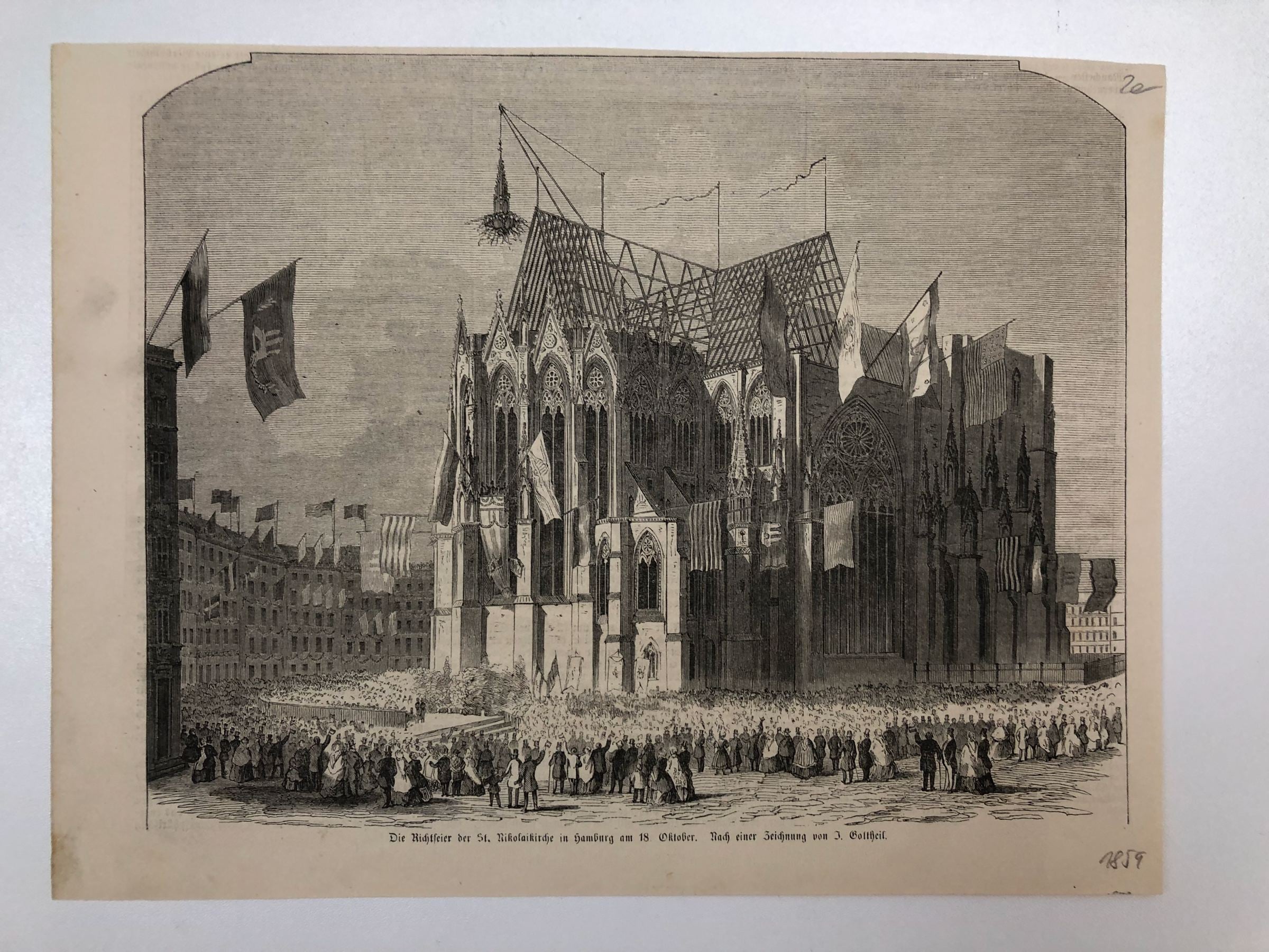 Ansicht von der Richtfeier der Hamburger Nikolaikirche im Jahr 1859 von unbekannte:r Autor:in
