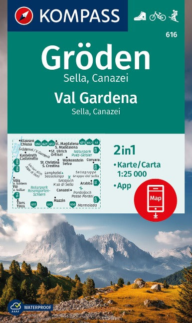616 Gröden, Val Gardena, Sella, Canazei 1:25.000 - Kompass Wanderkarte