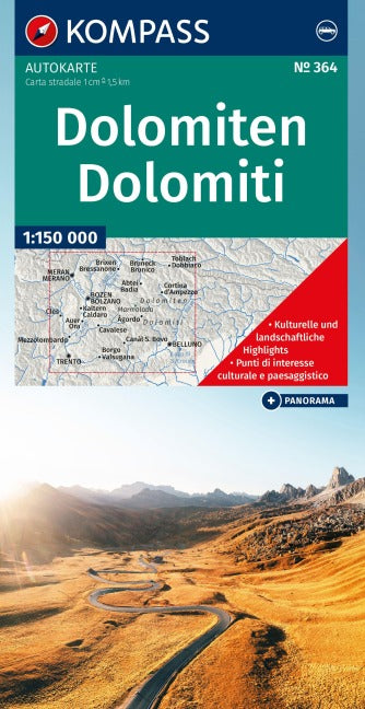 364 Dolomiten 1 : 150 000 - Kompass Autokarte mit Panorama