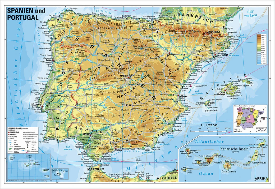 E501x Spanien und Portugal physisch 1:1.57 Mio. mit Bestäbung - 95x65 cm Stiefel Verlag