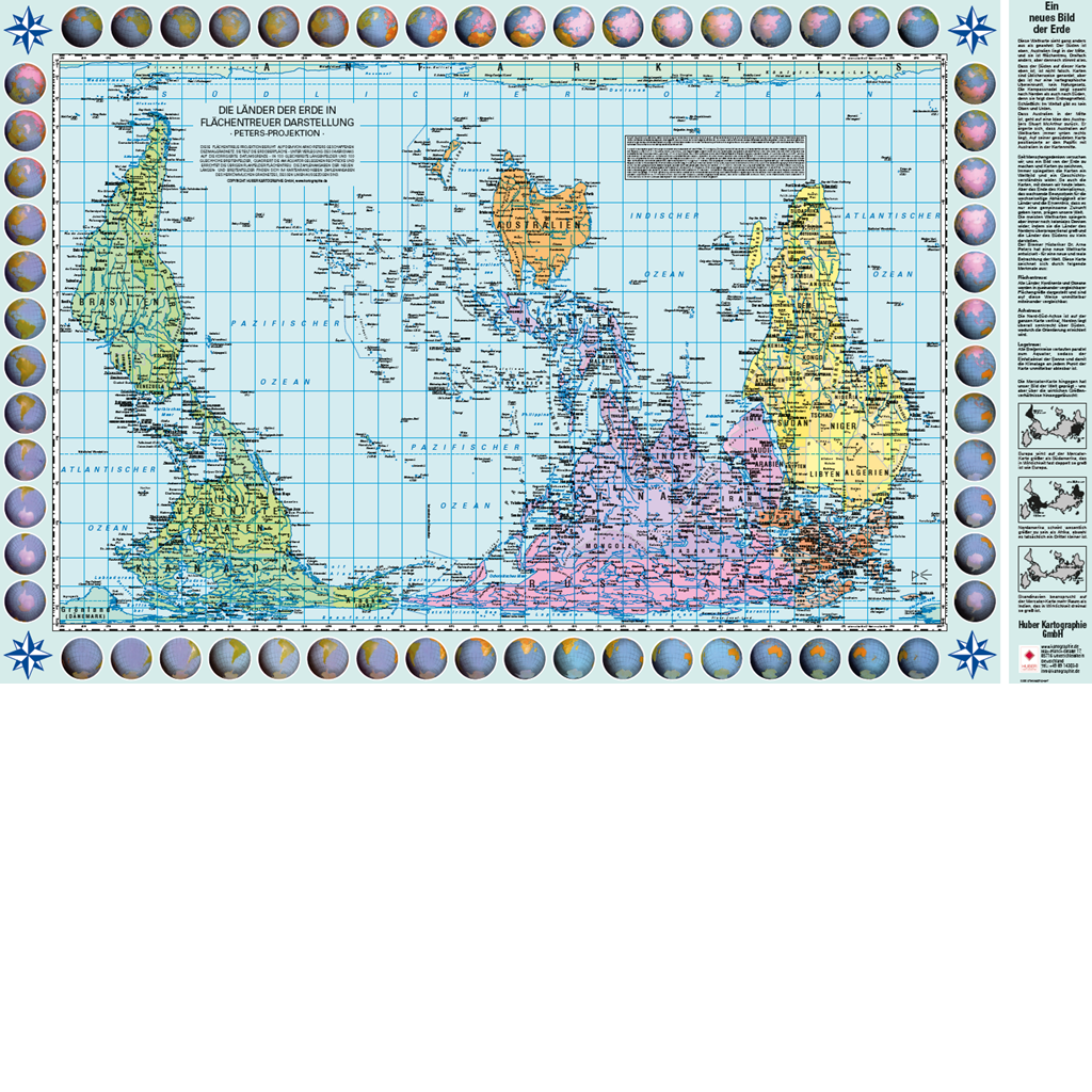 W59 Weltkarte Politisch (Peters Projektion, Upside Down, Pazifik zentriert)