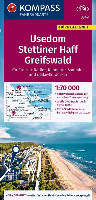 3349 Usedom, Stettiner Haff, Greifswald 1:70.000 - KOMPASS Fahrradkarte