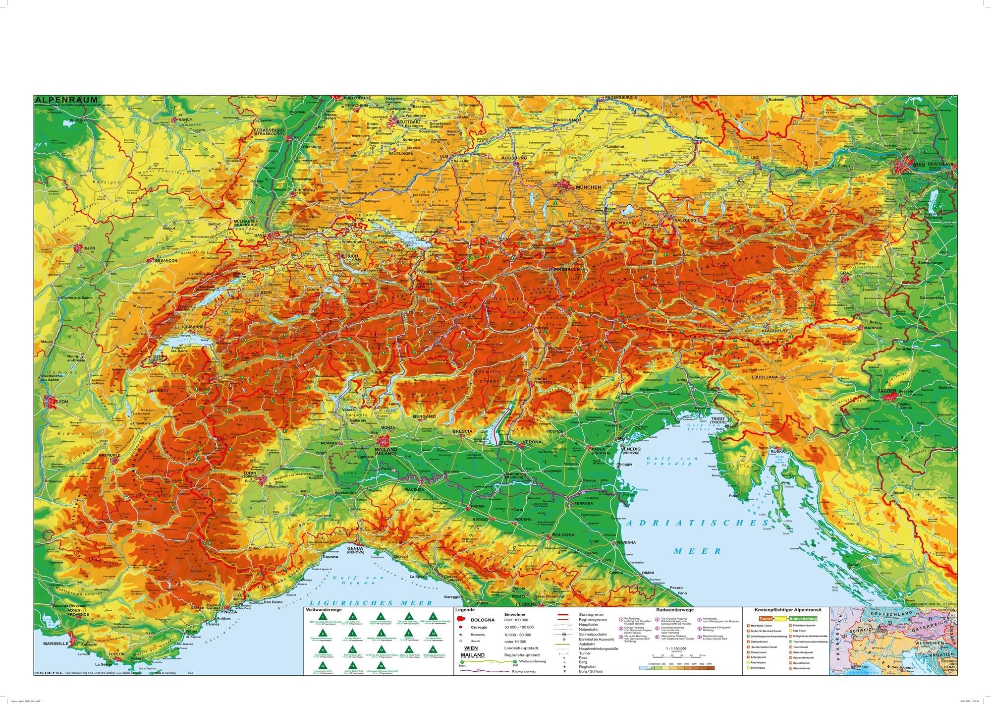 E805x Alpen physisch 1:945.000 mit Bestäbung - 98x68 cm Stiefel Verlag