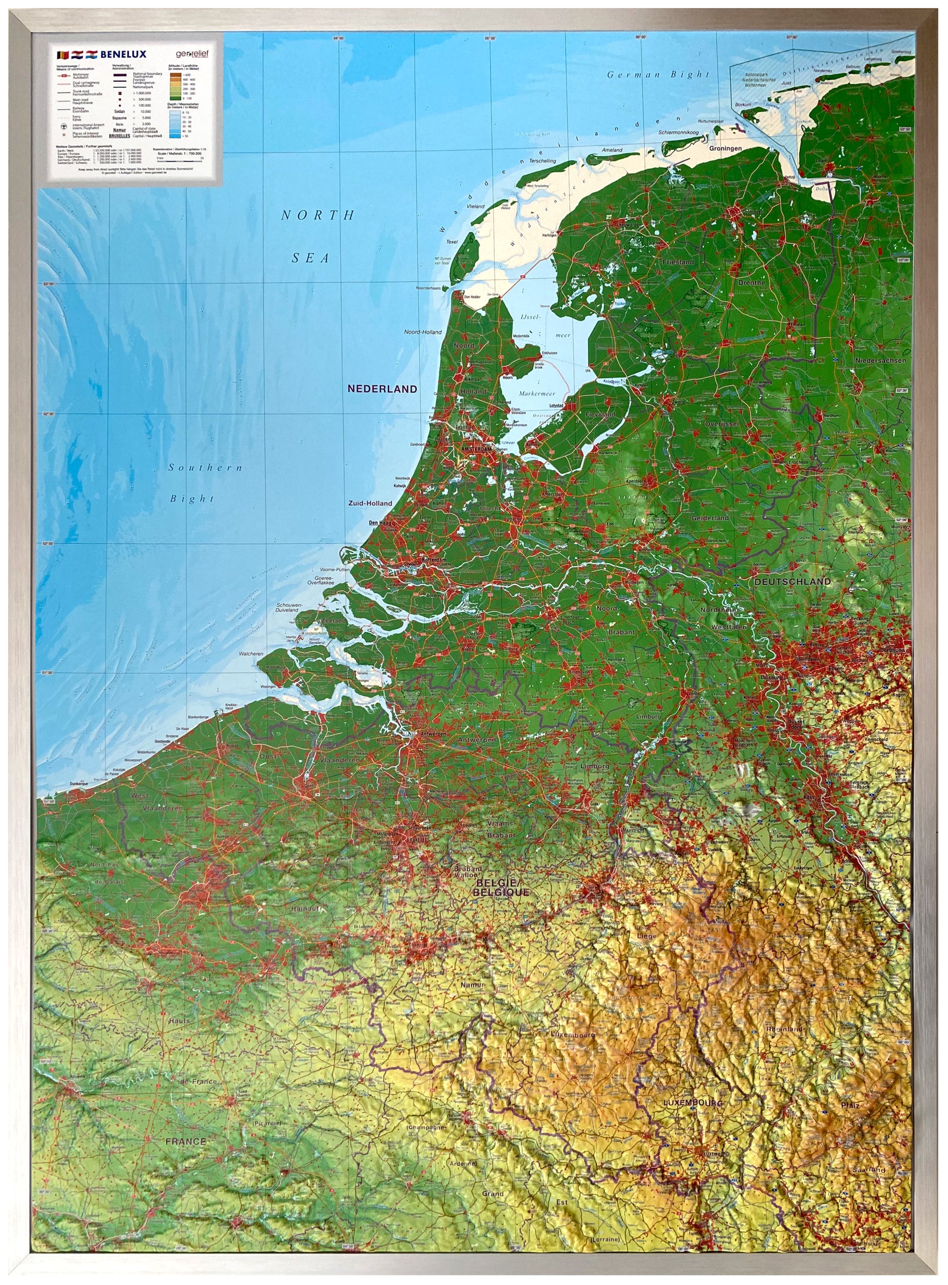 BeNeLux Reliefkarte groß - mit Alurahmen