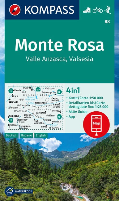 88 Monte Rosa, Valle Anzasca, Valsesia - Kompass Wanderkarte