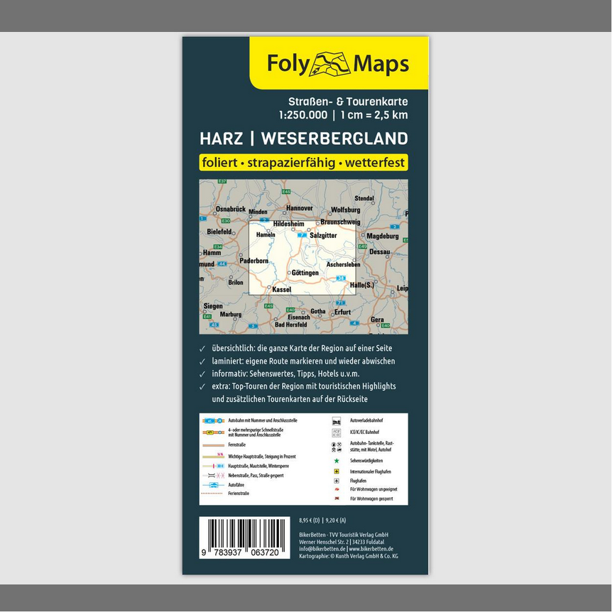 Harz & Weserbergland 1:250.000 - Straßen- und Tourenkarte FolyMaps