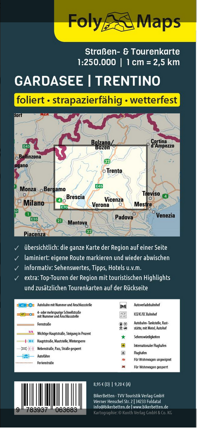 Gardasee & Trentino 1:250.000 - Straßen- und Tourenkarte FolyMaps