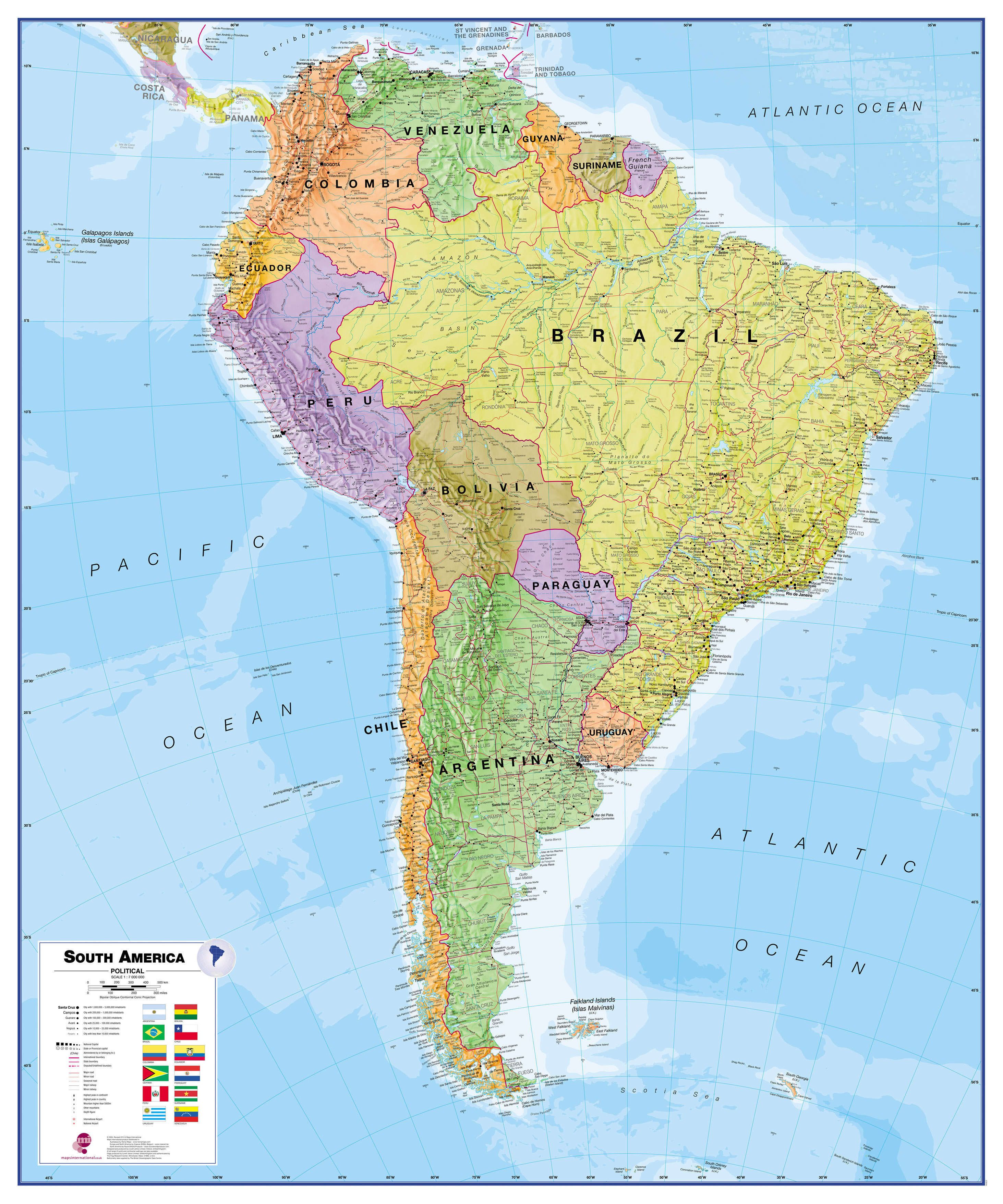 Ü306L Südamerika politische Wandkarte - englisch