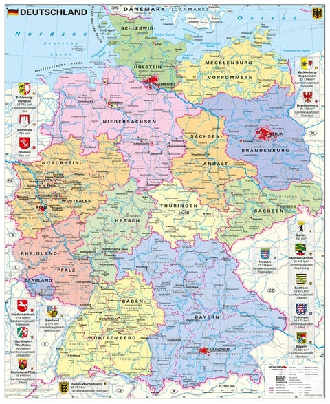 D005bx Deutschland politisch mit Wappen mit Bestäbung - 97x119 cm Stiefel Verlag