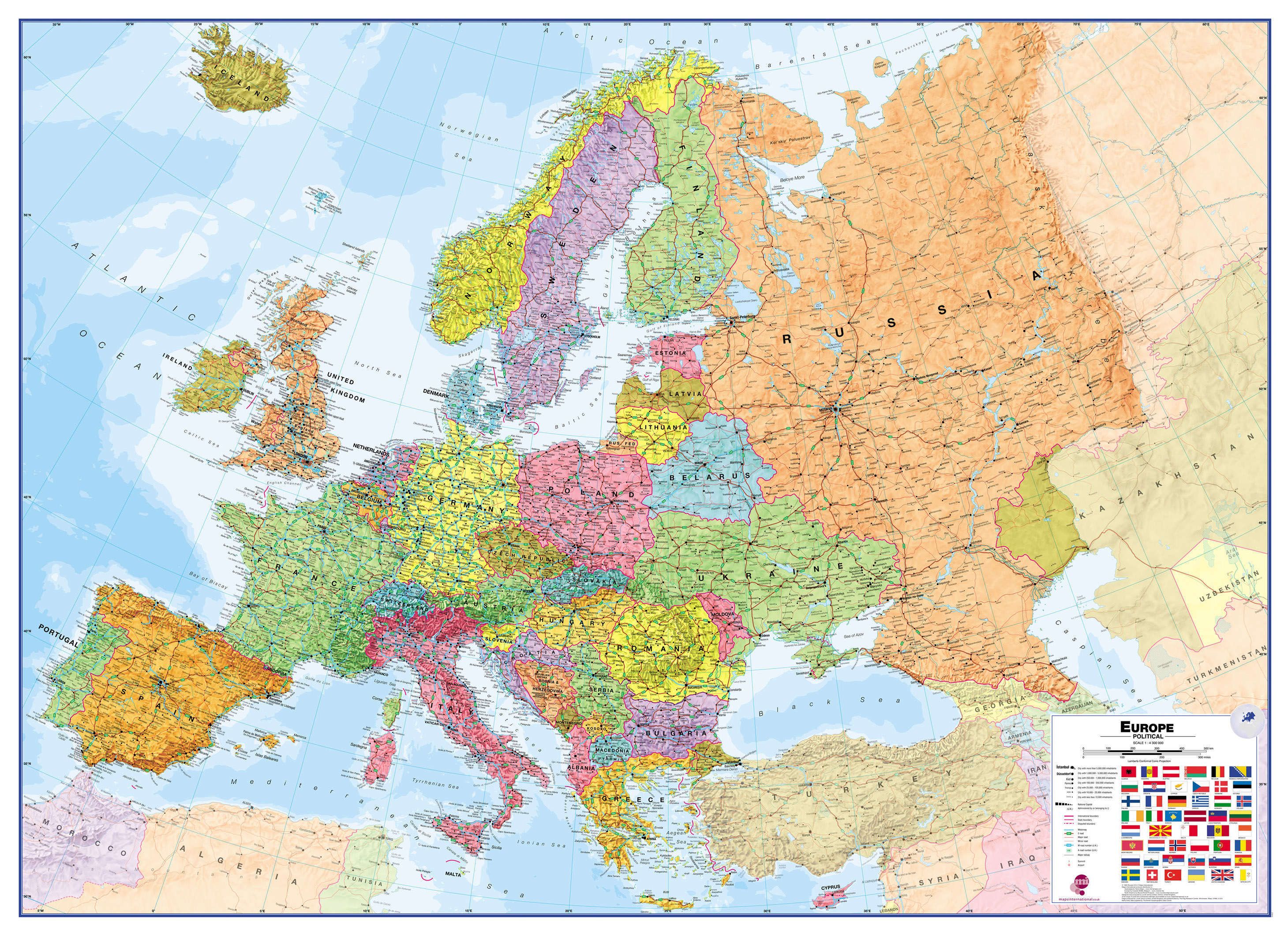 E123AL Europa politische Wandkarte - englisch