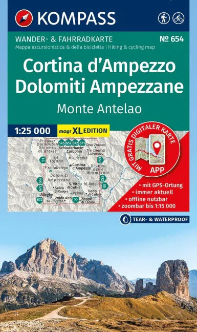 654 Cortina d'Ampezzo, Dolomiti Ampezzane 1:25.000 - Kompass Wanderkarte