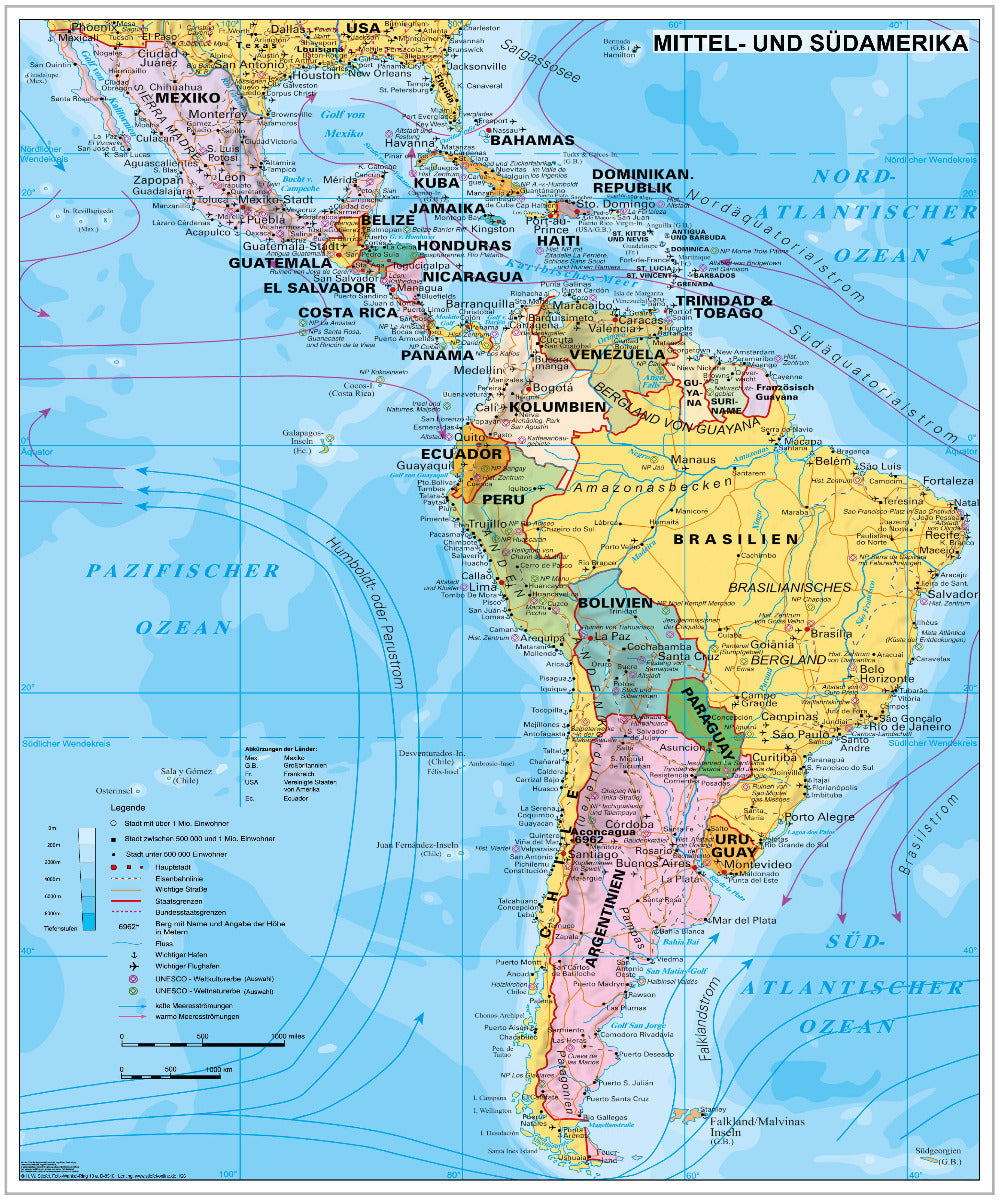 Ü311x Südamerika & Mittelamerika Politisch mit Bestäbung - 97x119 cm Stiefel Verlag