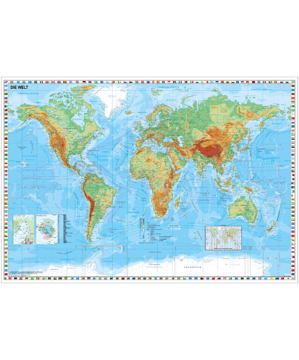 W88x Weltkarte physisch mit Flaggenrand mit Bestäbung - 95x62 cm Stiefel Verlag
