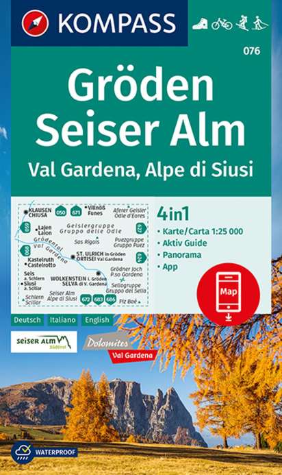 076 Gröden, Seiser Alm, Val Gardena, Alpe di Siusi 1:25.000 - Kompass Wanderkarte