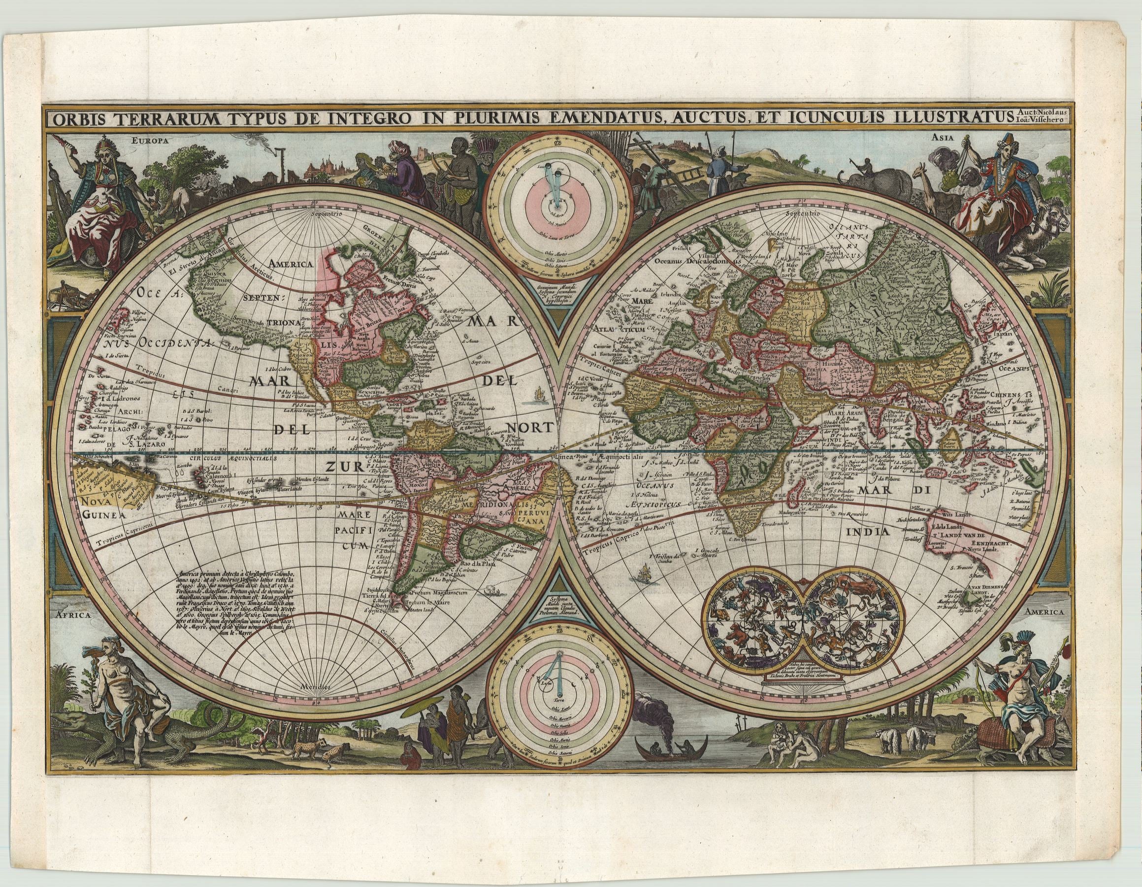 Hervorragend dekorierte Weltkarte um das Jahr 1657 von Nicolas Visscher