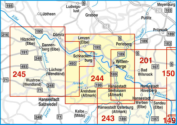 244 Flusslandschaft Elbe, Arendsee, Lenzen, Wittenberge und Umgebung 1:50.000
