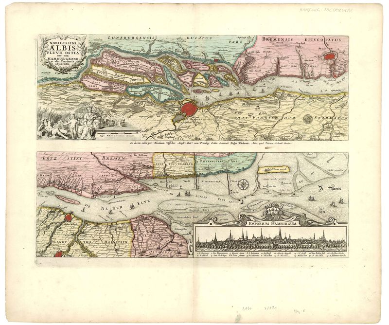 Hamburg und die Elbe im Jahr 1698 von Petrus Schenk und Nicolaus Visscher