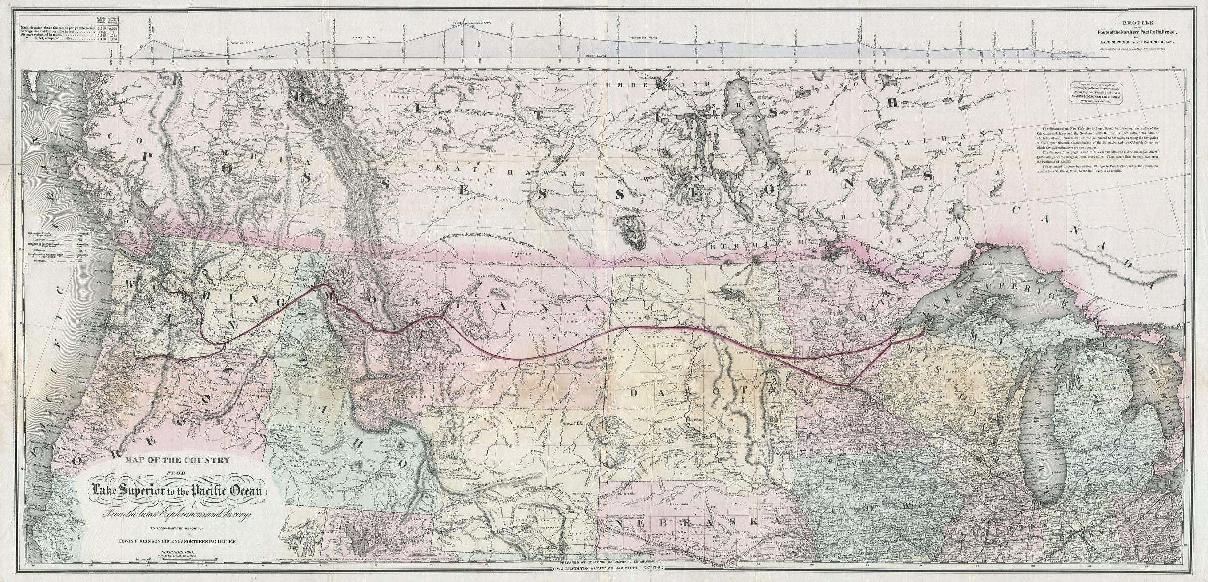 Bahnkarte der U.S.A. im Jahr 1867 von Joseph Hutchins Colton