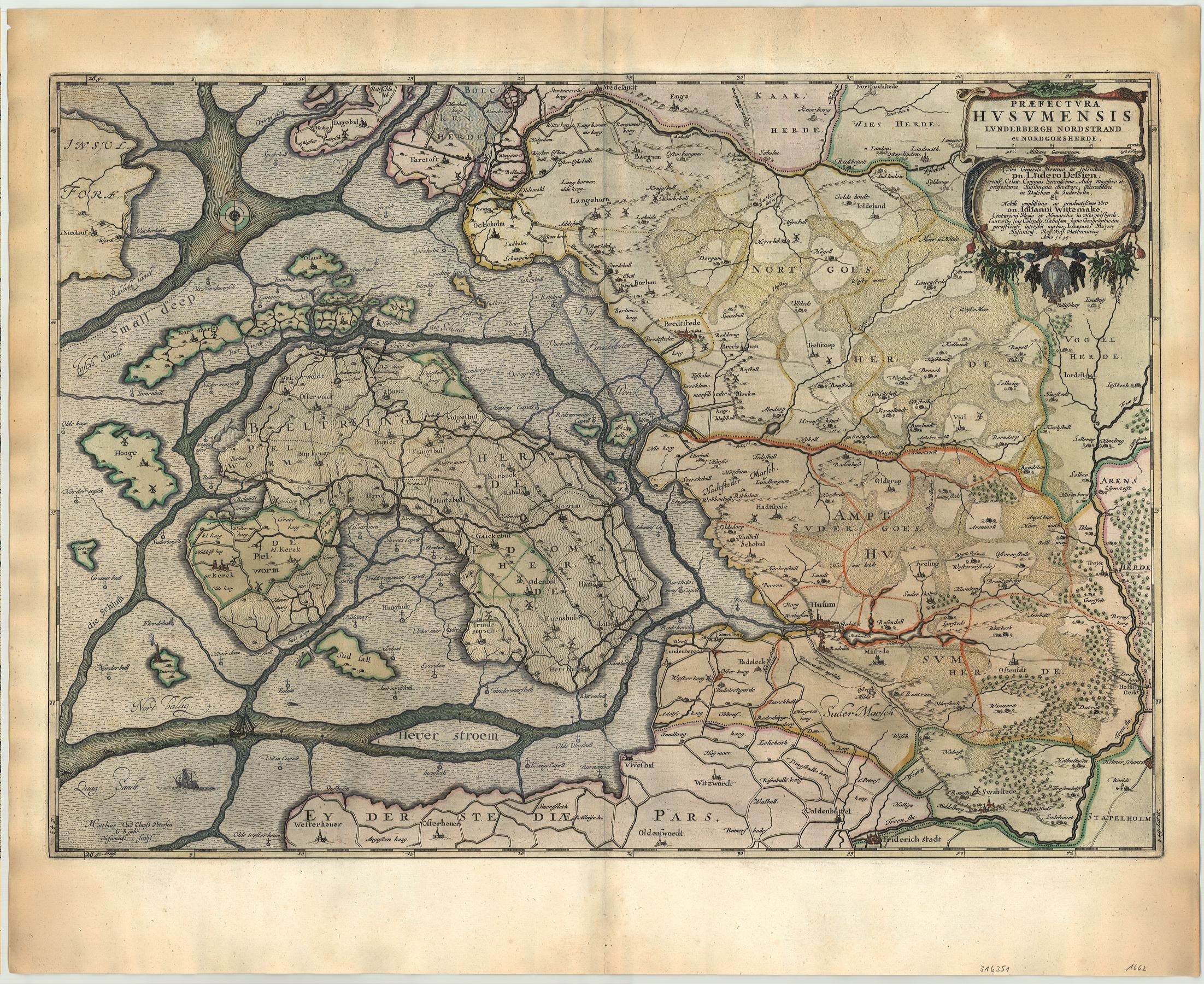 Blaeu, Joan; Mejer: Praefectura Husumensis Lunderbergh Nordstrand et Nordgoesherde 1662