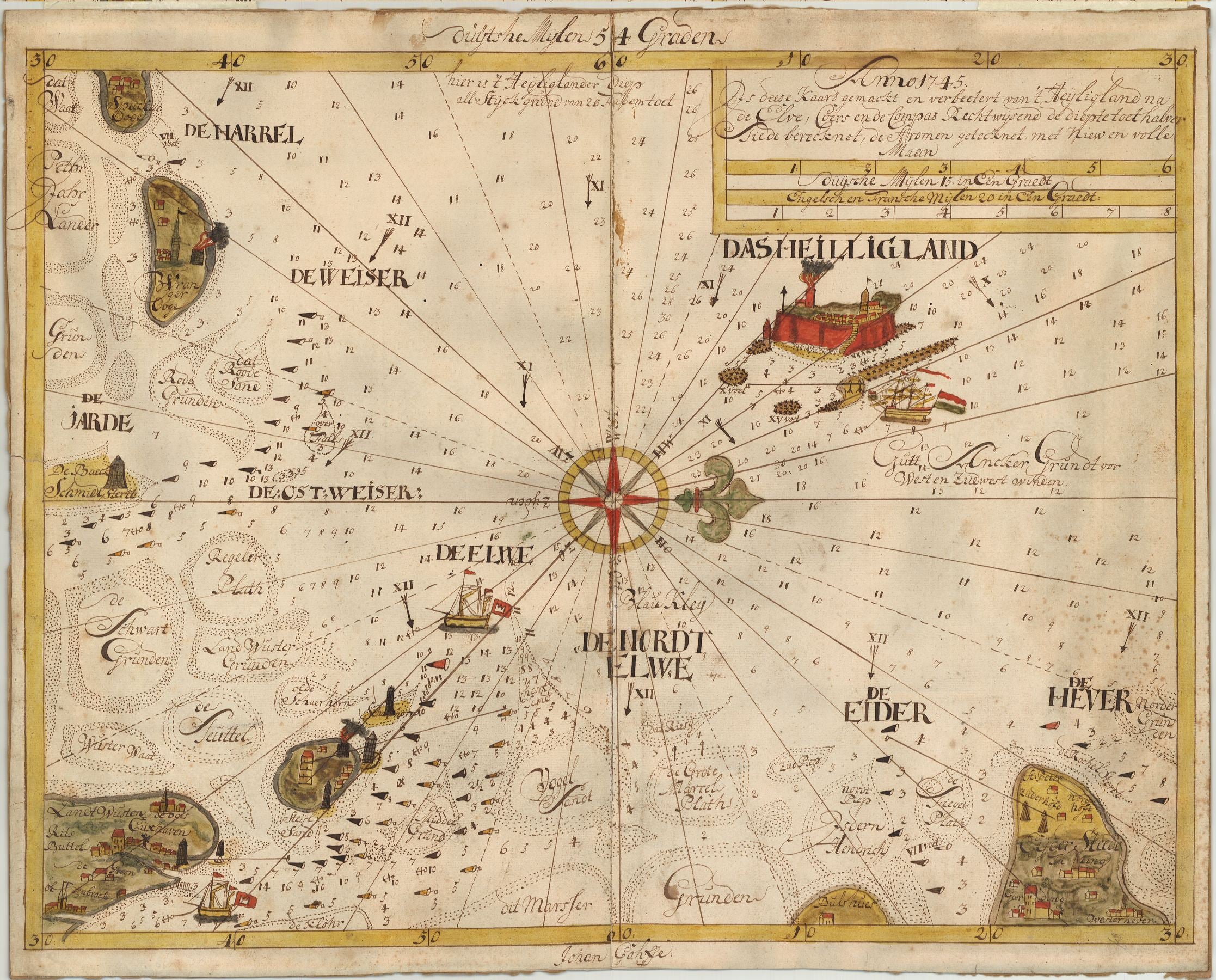 Seekarte von Helgoland Elbe Jever im Jahr 1745 von Johan Gähffe