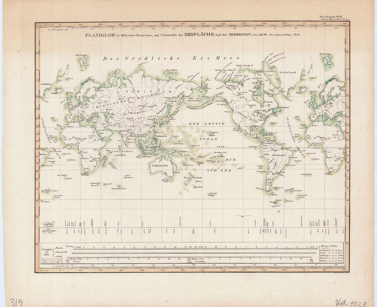 Weltkarte aus dem Jahr 1828 von Adolf Stieler