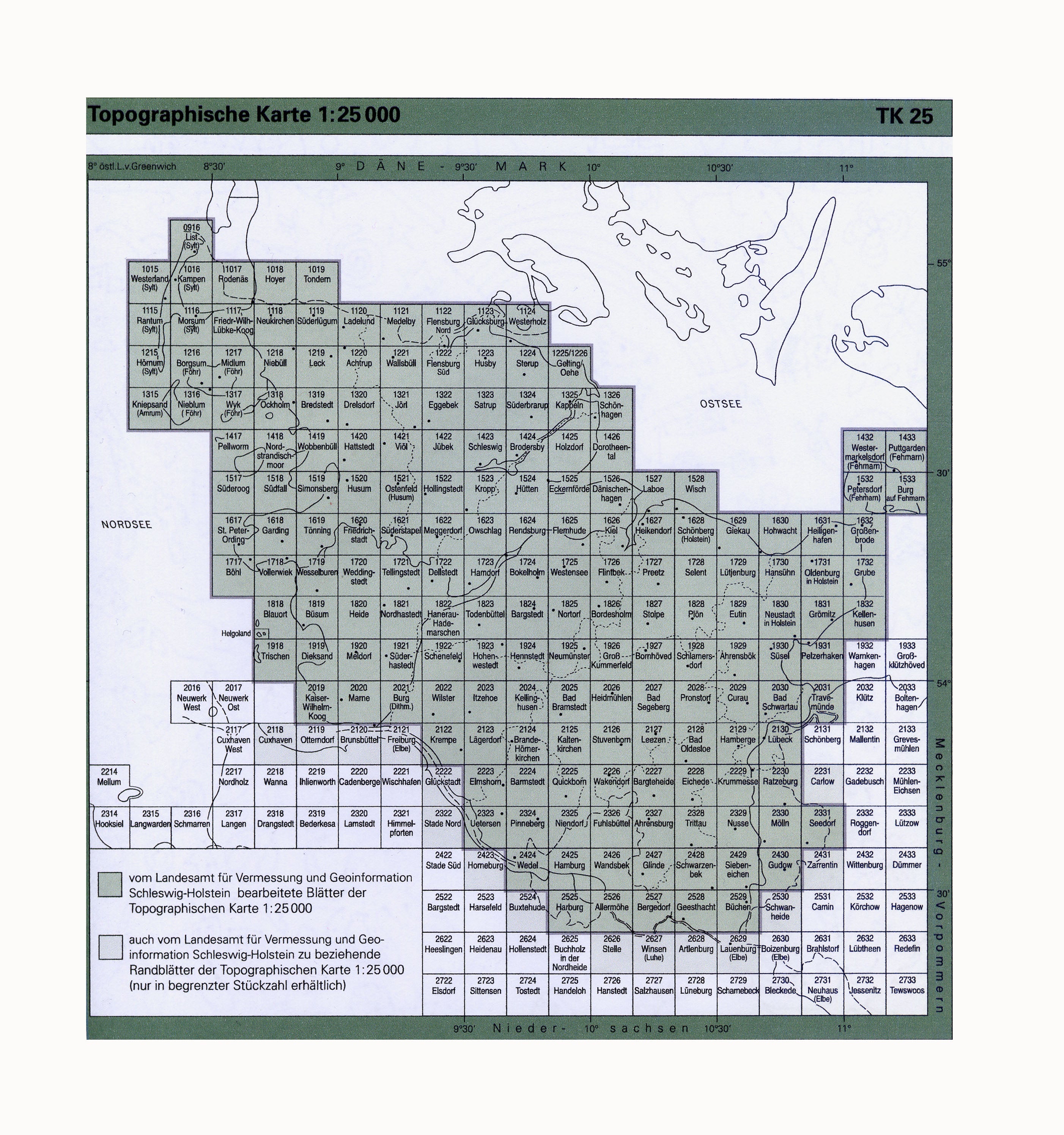 Schleswig-Holstein 1:25.000 Topographische Karten Blattnummern 1818 - 2529
