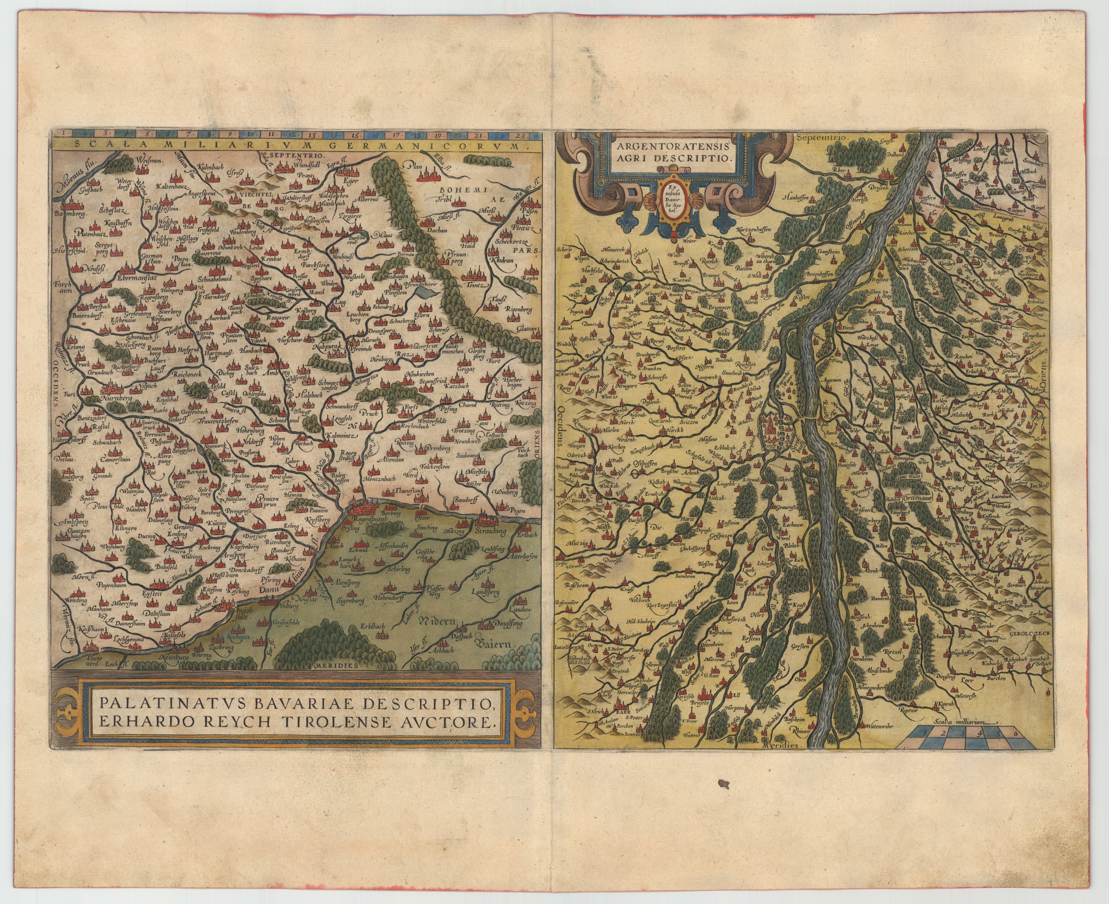 Bayern - Nord / Rhein / Elsass (2 Karten auf einem Blatt) im Jahr 1584 von Abraham Ortelius