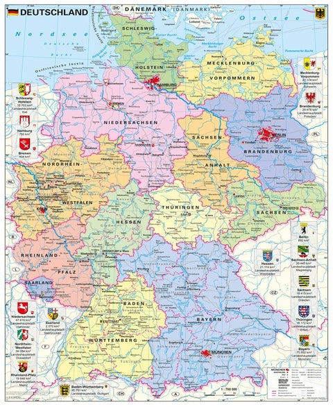 D005b Deutschland politisch mit Wappen - 97x119 cm Stiefel Verlag