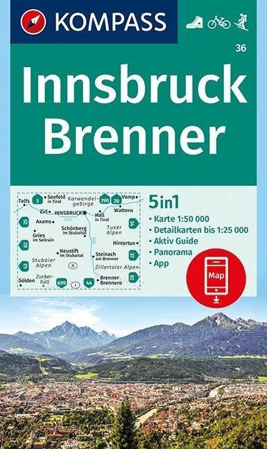 36 Innsbruck, Brenner 1:50.000 - Kompass Wanderkarte