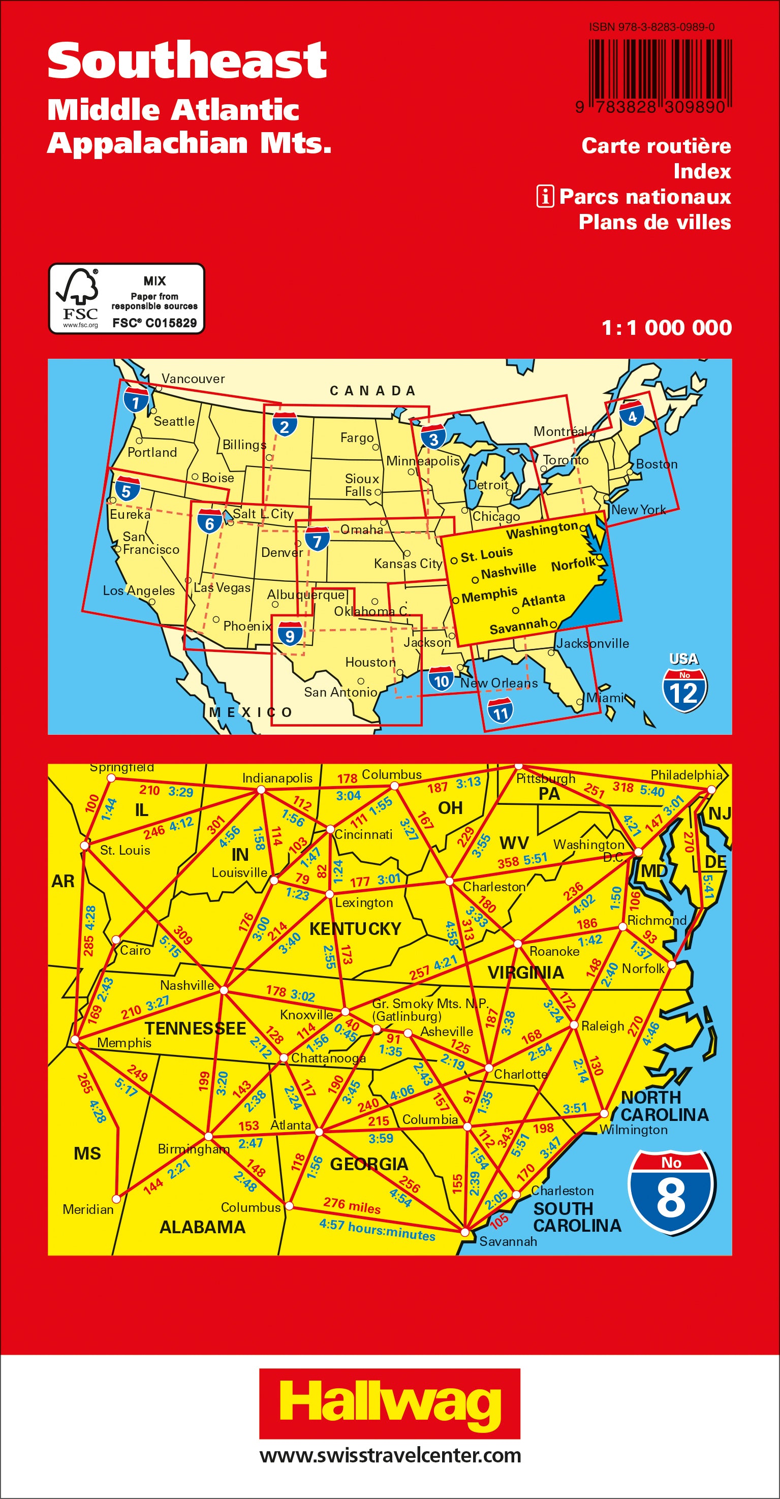 Southeast Middle Atlantic, Appalachian Mts. - 08 USA Road Guide 1:1.000.000 - Hallwag