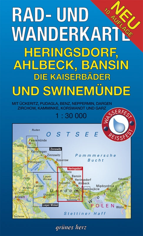 Rad- & Wanderkarte Heringsdorf, Ahlbeck, Bansin und Swinemünde - 1:30.000