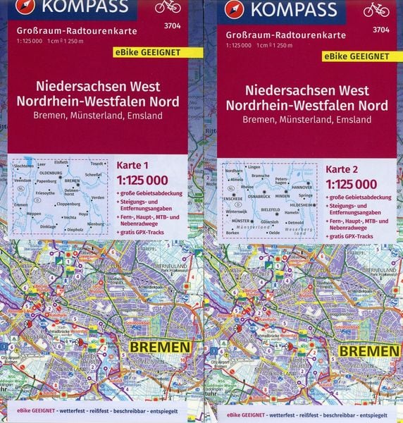 3704 Niedersachsen West 1:125 000 - KOMPASS Radtourenkarte