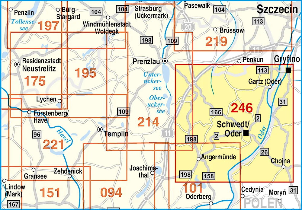 246 Nationalpark Unteres Odertal, Schwedt, Angermünde, Gryfino, Chojna und Umgebung 1:50.000