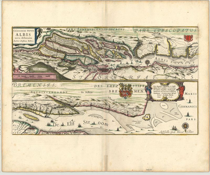Hamburg und die Elbe im Jahr 1628 von Willem Blaeu