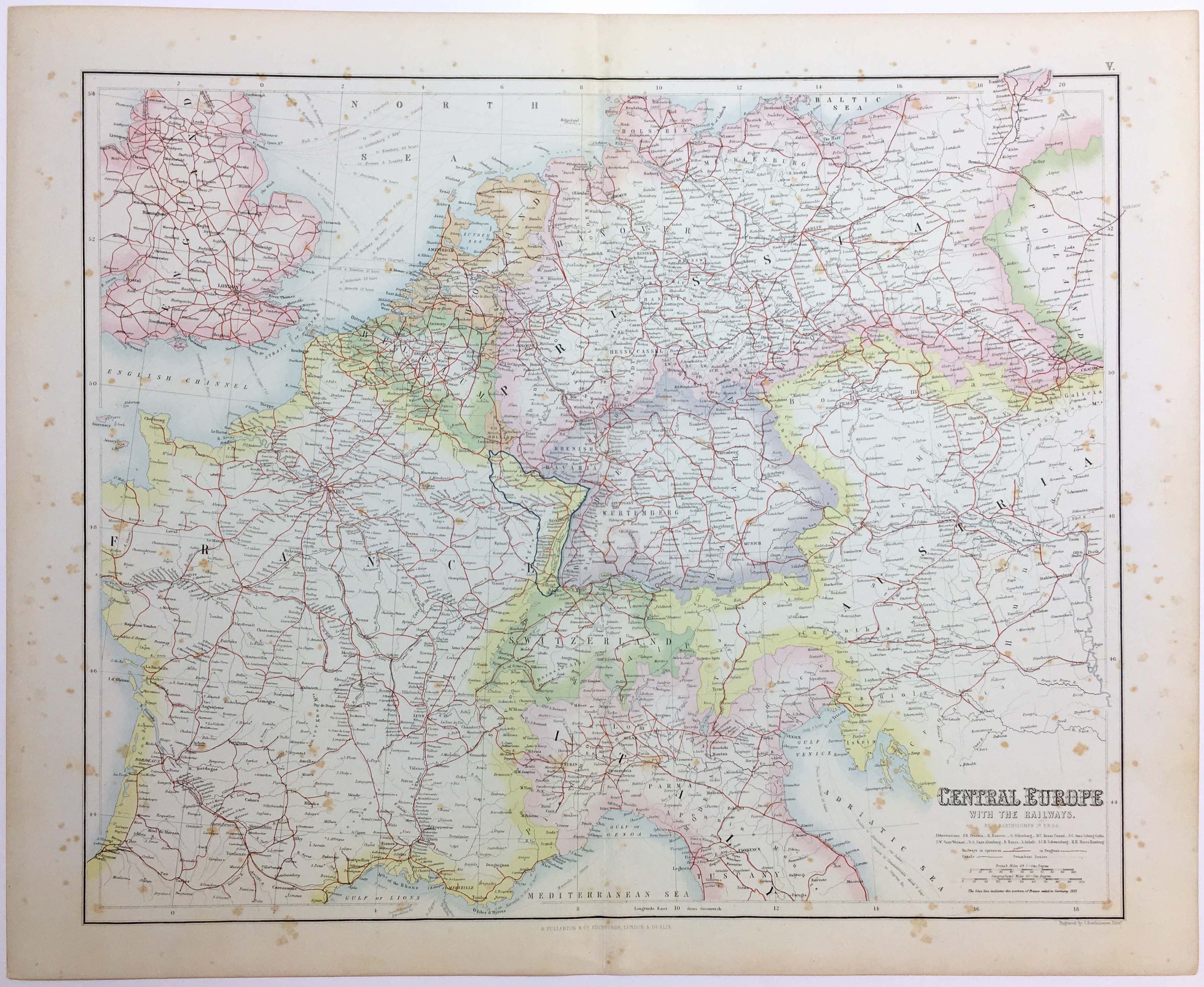 Mitteleuropas Bahnstreckennetz um das Jahr 1879 von A. Fullarton & J. Bartholomew