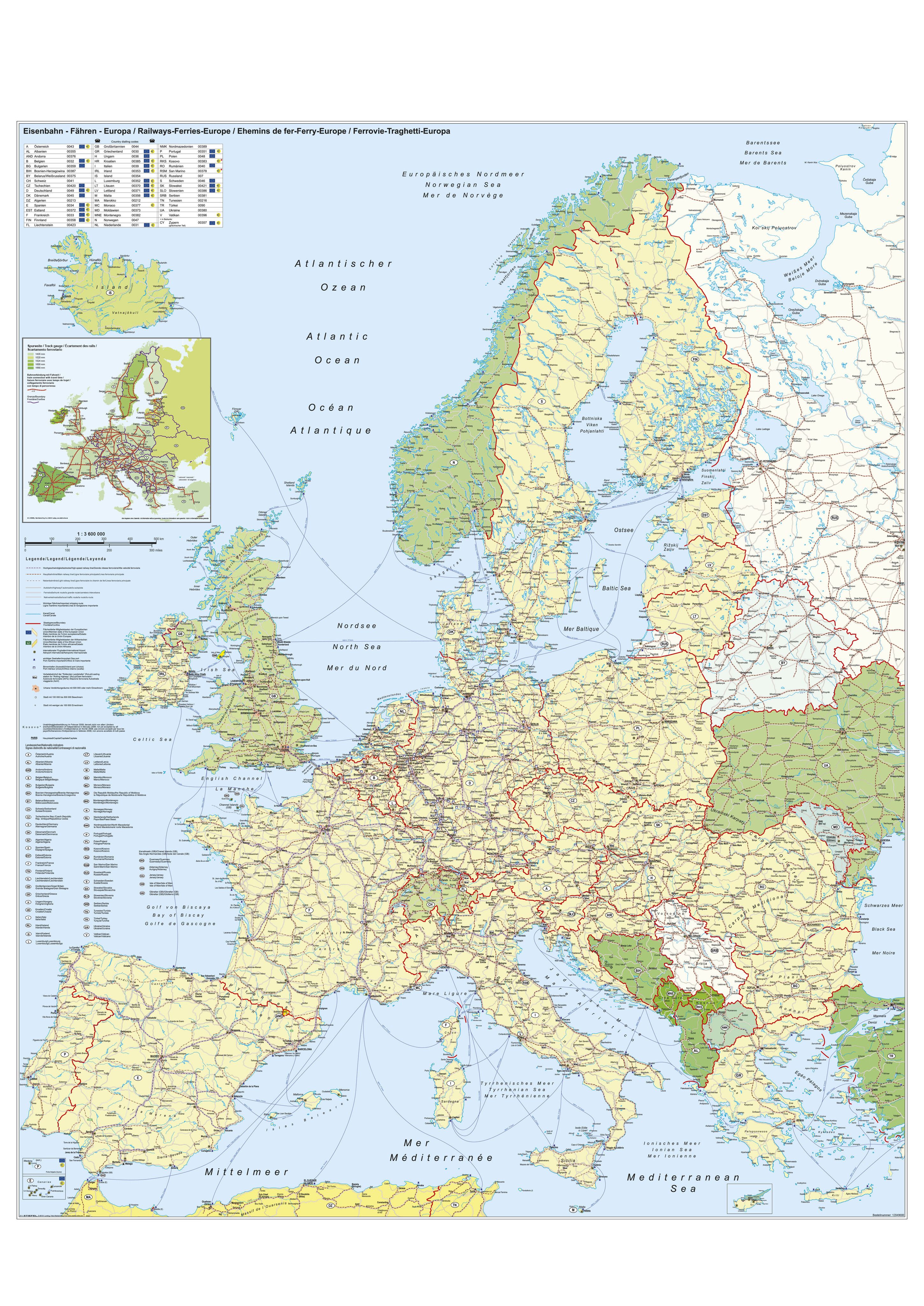 E134x Europakarte mit Eisenbahn & Fähren 1:36. Mio mit Bestäbung - 97x119 cm Stiefel Verlag