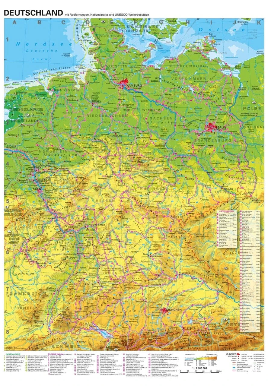 D010 Deutschland physisch Radfernwege 1:1.100.000 - 68x98 cm Stiefel Verlag