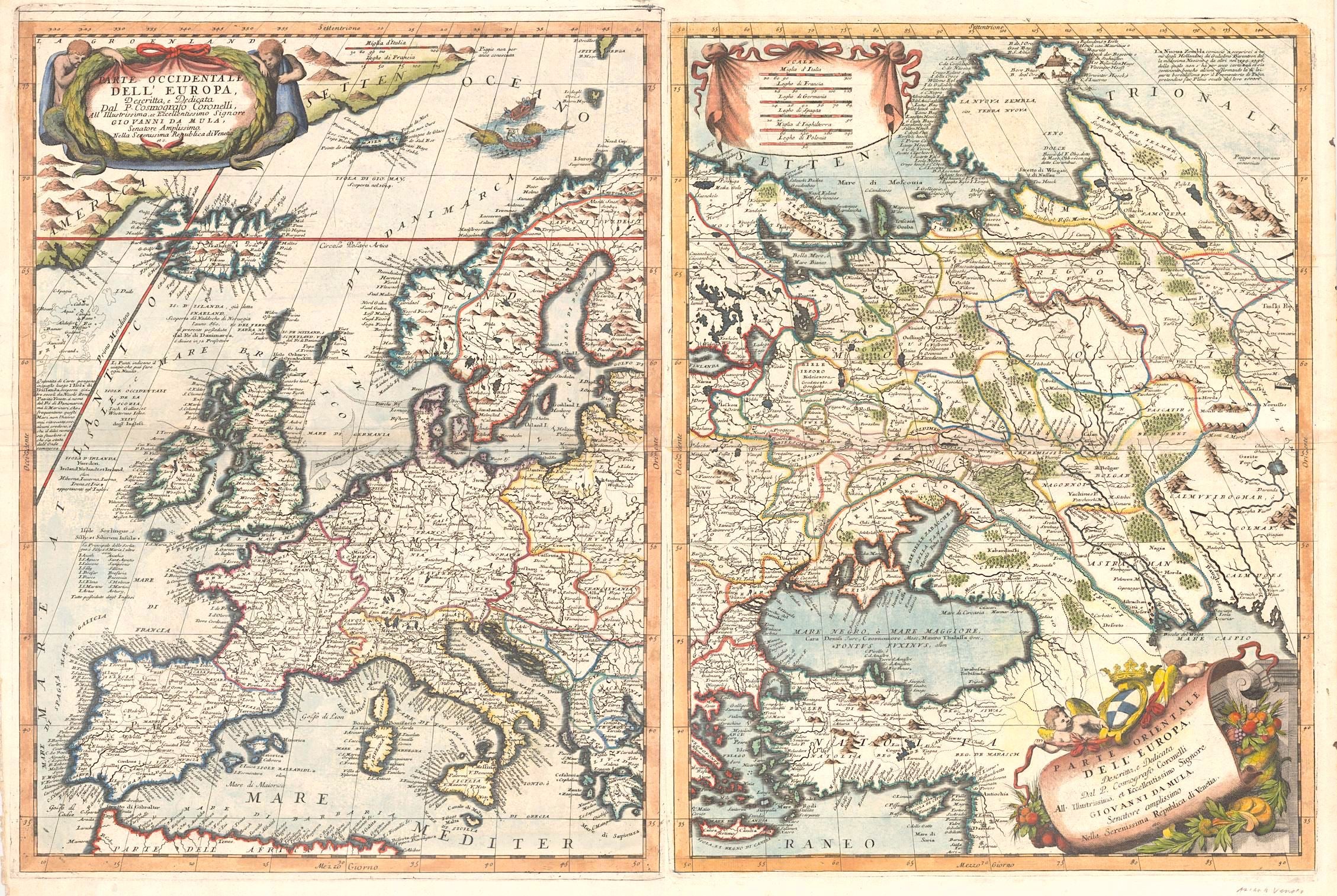 Europa in zwei Blättern im Jahr 1691 von Vincenzo Maria Coronelli
