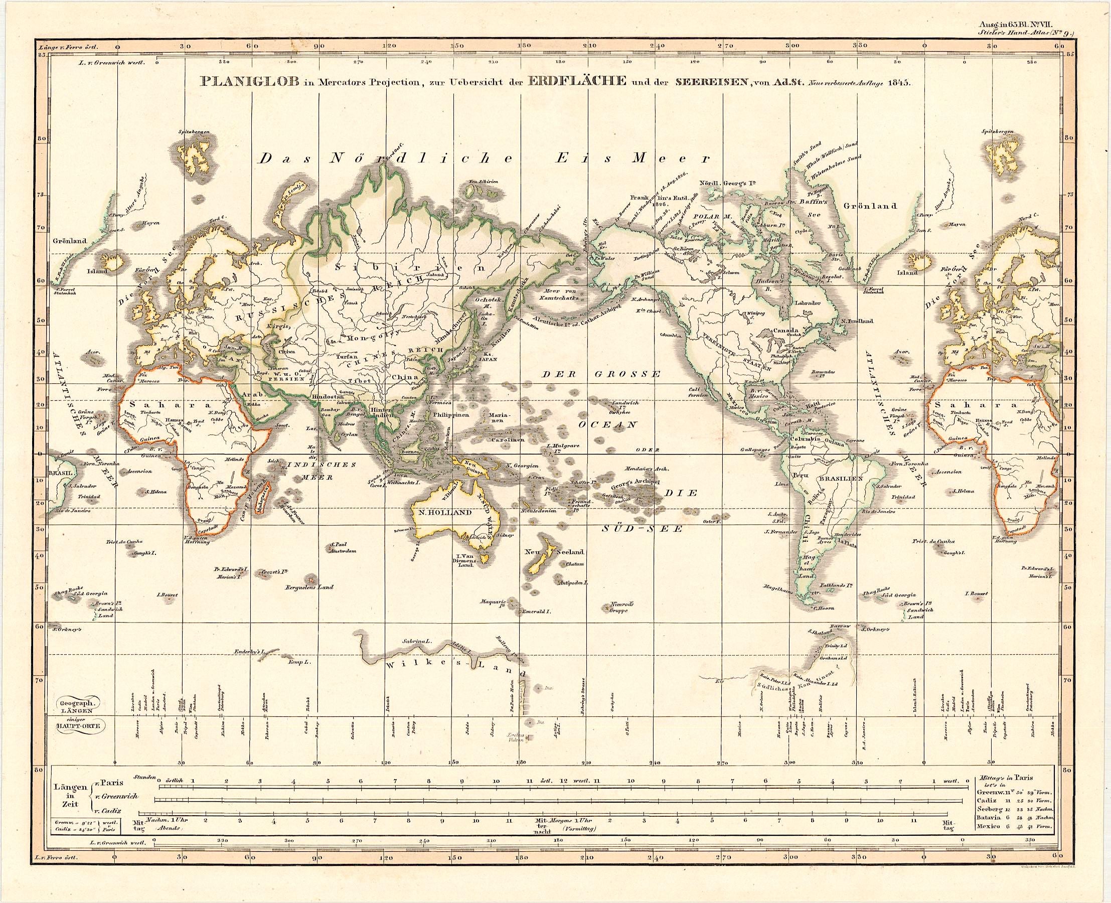 Weltkarte im Jahr 1846 von Adolf Stieler