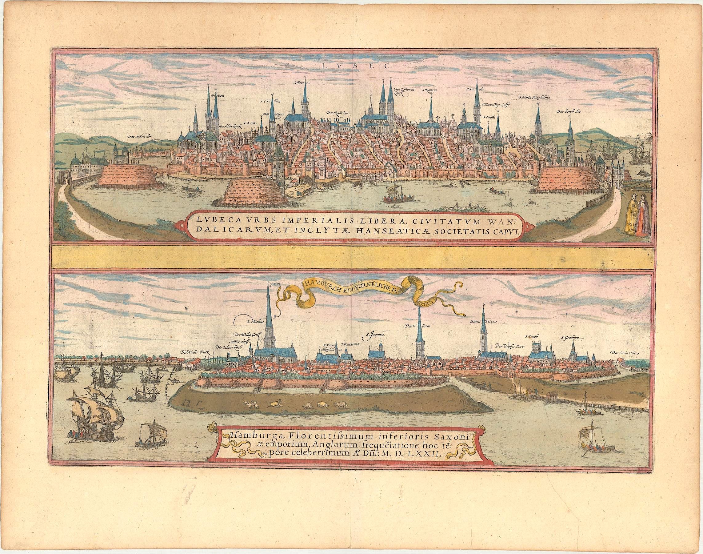 Hamburg; Lübeck im Jahr 1620 von Georg Braun & Frans Hogenberg