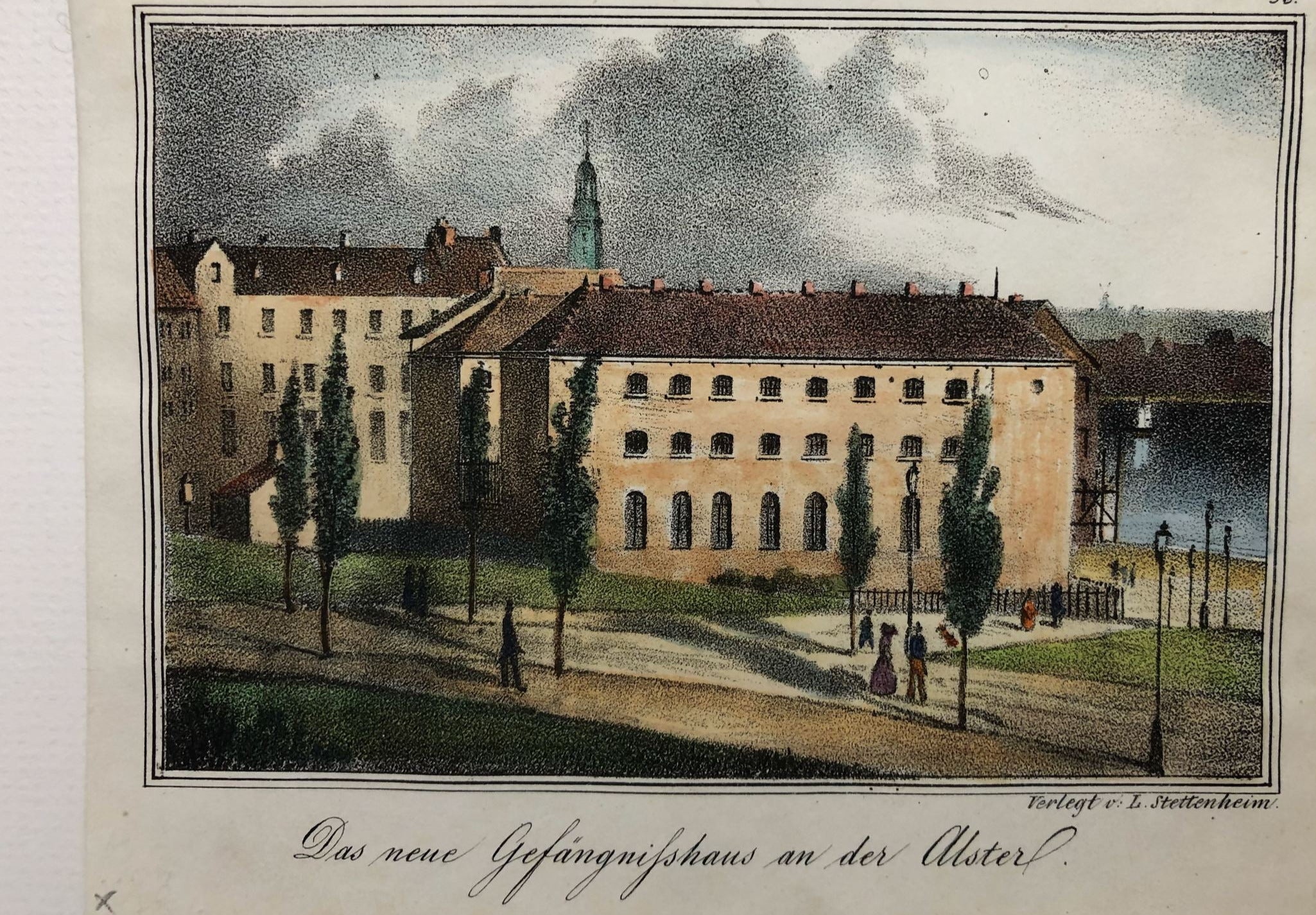 Ansicht vom Hamburger Gefängnishaus an der Alster um das Jahr 1845 vom Verlag Levin Stettenheim