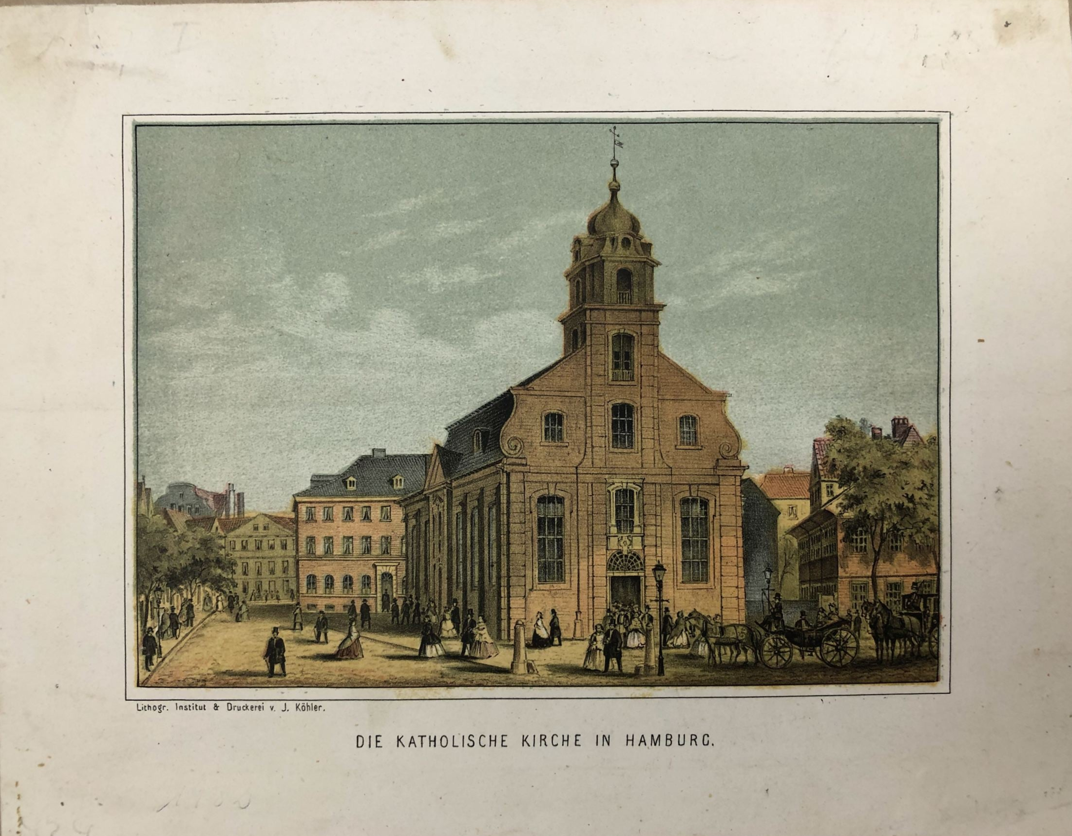 Ansicht der Katholischen Kirche in Hamburg im Jahr 1860 vom Lithographisches Institut & Druckerei von J. Köhler