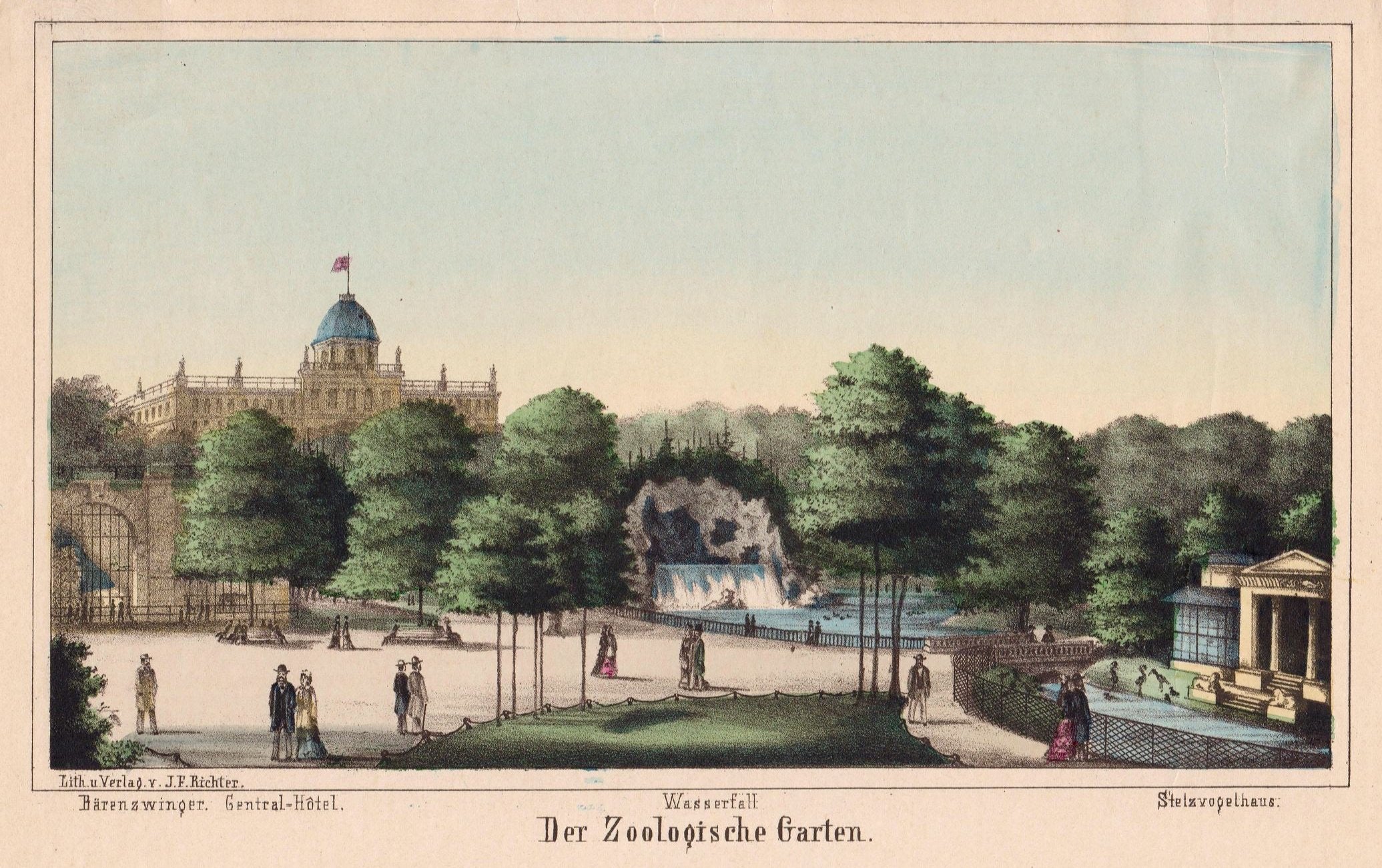 Ansicht vom Bärenzwinger im Zoologischen Garten in Hamburg um das Jahr 1865 vom Richter Verlag