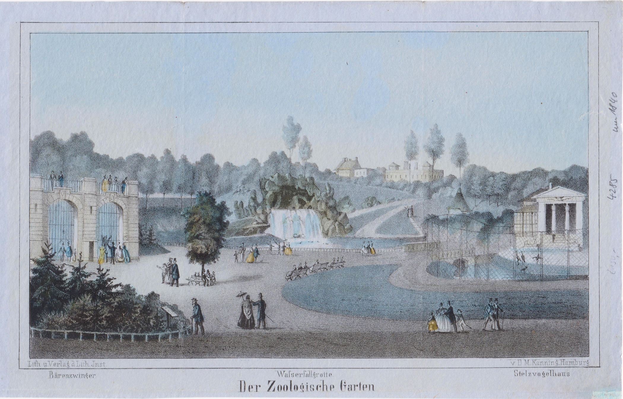 Ansicht von der Wasserfallgrotte im Zoologischen Garten in Hamburg um das Jahr 1865 vom Verlag D. M. Kanning