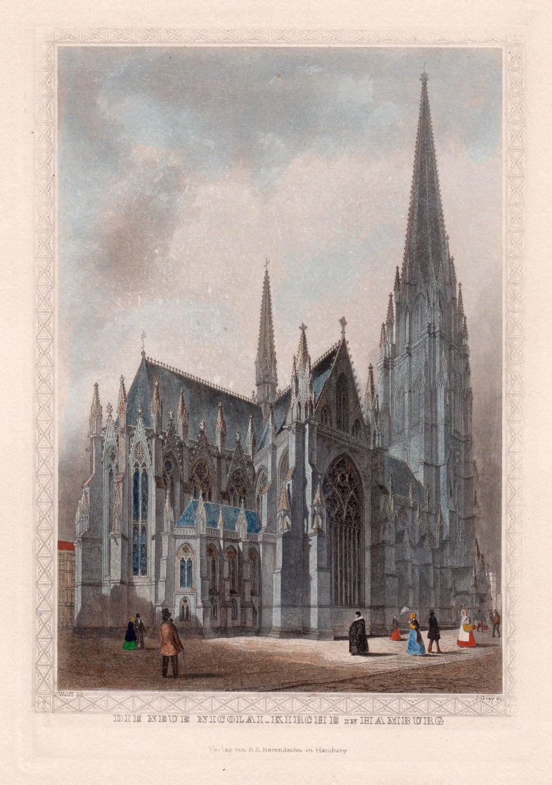 Ansicht von der neuen Hamburger Nikolaikirche im Jahr 1852 von Jens Gray