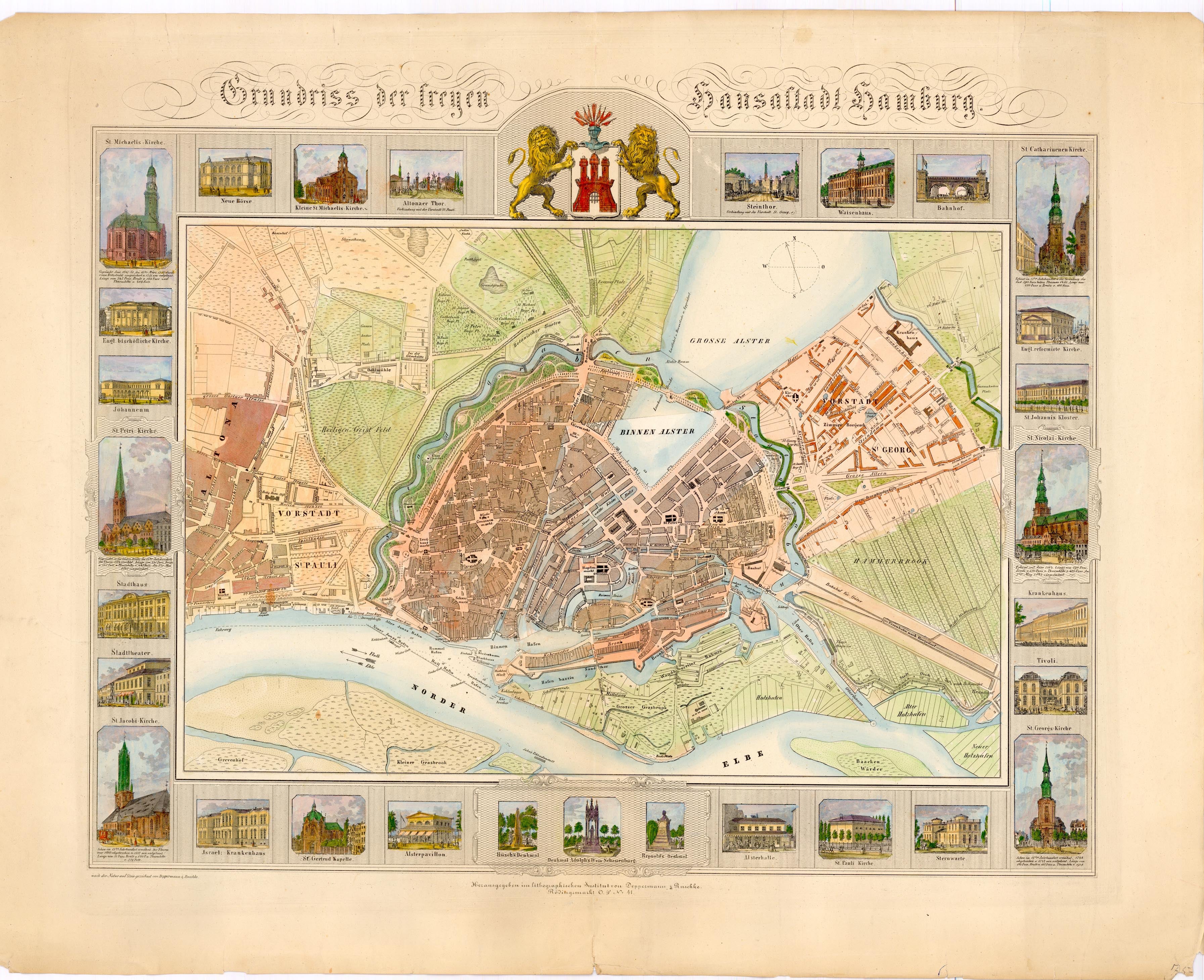 Hamburg um 1845 vom Lithographisches Institut von Deppermann & Ruschke
