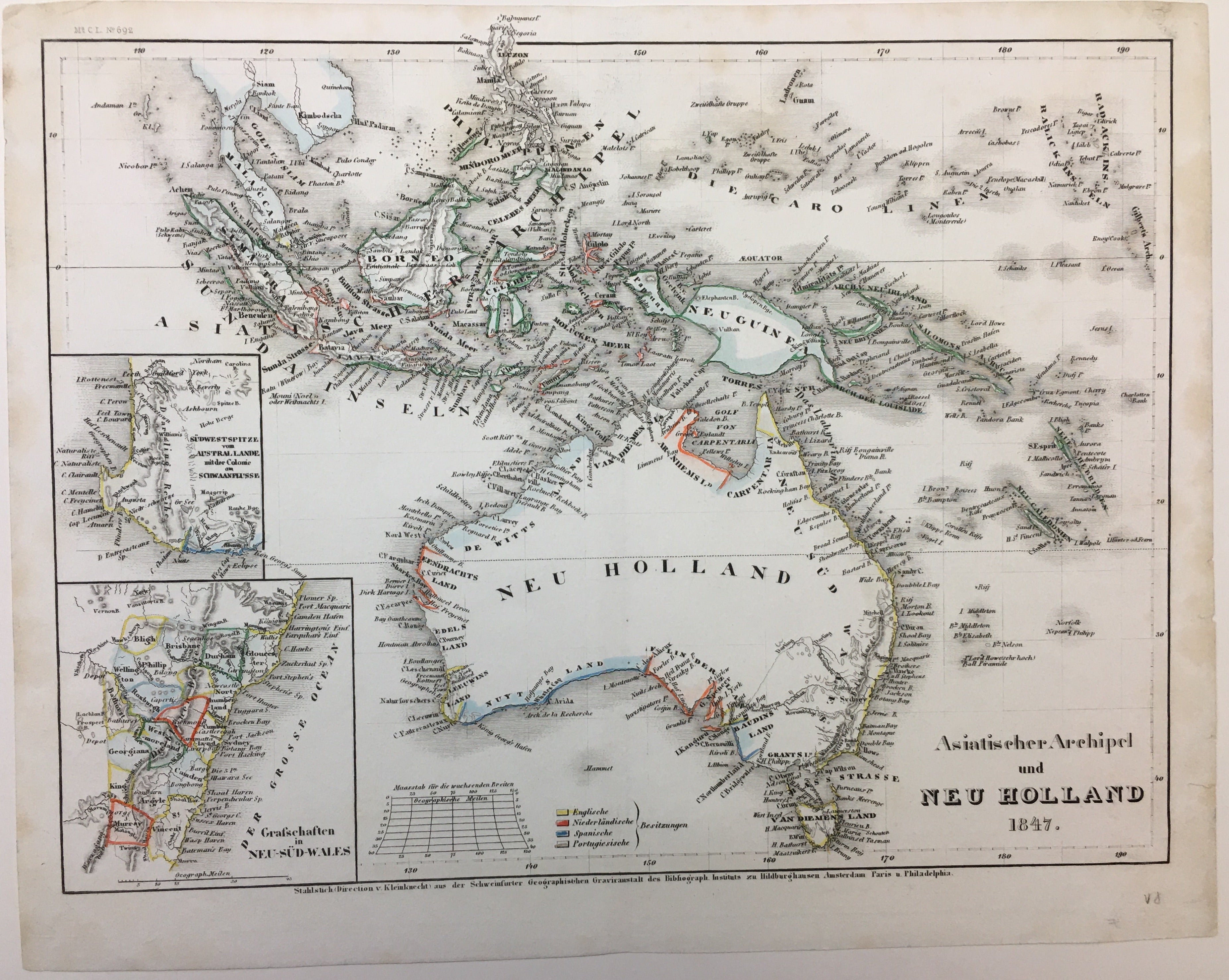 Australien, Ozeanien, Indonesien im Jahr 1847 vom Bibliographischem Institut Hildburghausen