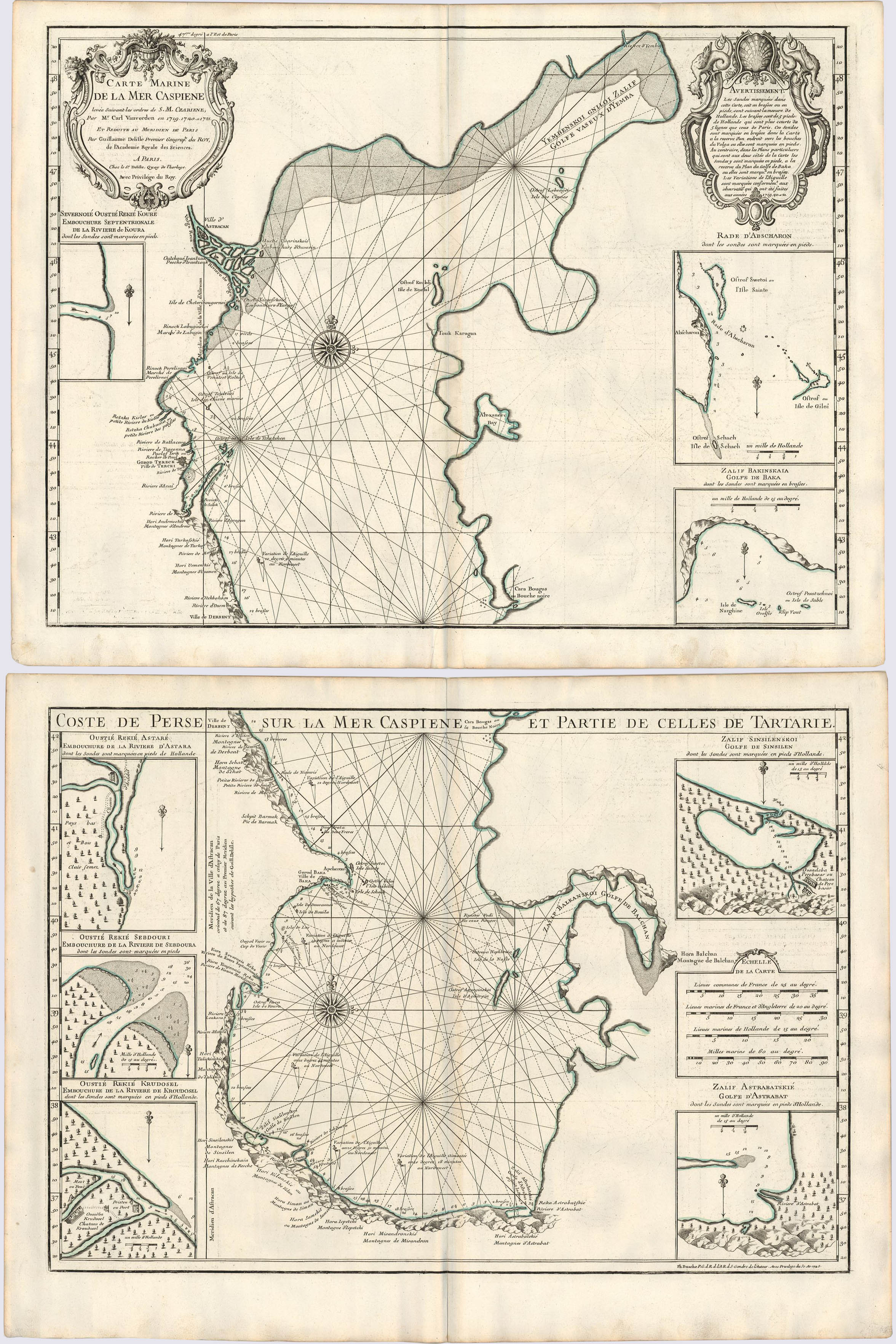 Zweiteilige Seekarte des Kaspischen Meeres um das Jahr 1725 von Guillaume de L´Isle