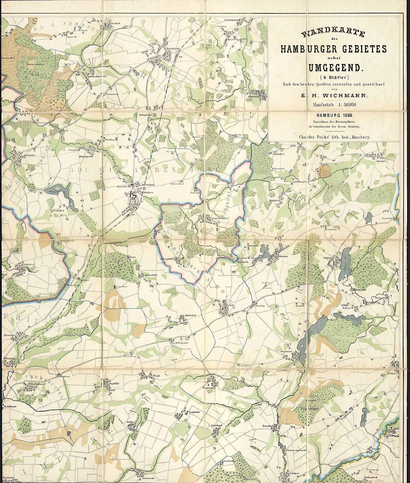 Wandkarte Hamburg im Jahr 1866 von Ernst Heinrich Wichmann & Charles Fuchs